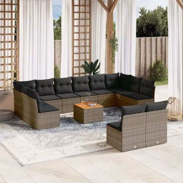 Set di Divani da Giardino vidaXL in Polyrattan Grigio con Cuscini e Tavolino da Esterno a Forma di U composto da 13 Pezzi – 1