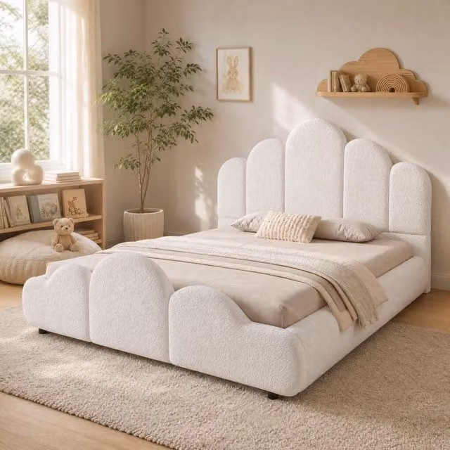 Letto imbottito per bambini 140x200 cm in bouclé beige; angoli arrotondati; rete a doghe inclusa