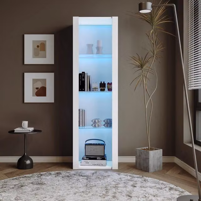 Vetrina Mivray moderna con ante in vetro, ripiani interni e illuminazione integrata, finitura lucida bianca, L: 55 cm, P: 38 cm, H: 166 cm
