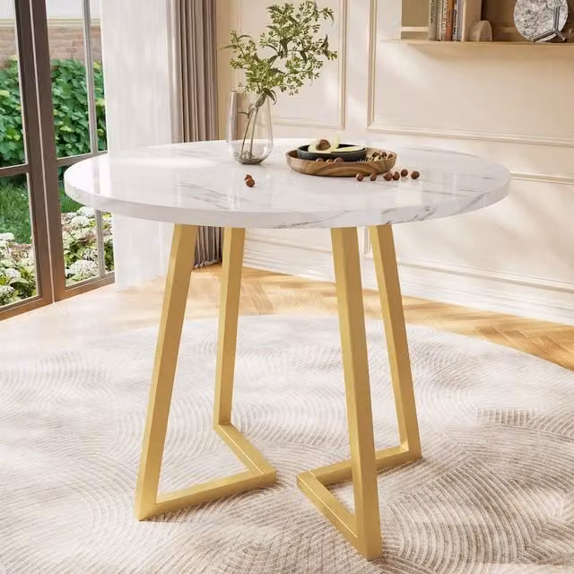 Tavolo da Pranzo Rotondo Minimal con Piano Effetto Marmo e Telaio in Metallo, Bianco e Oro, Diametro: 80 cm, Altezza: 75 cm