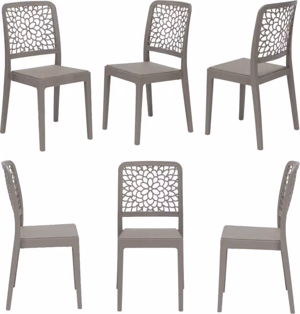 Set 6 sedie in polipropilene TICHE, 100% MADE IN ITALY, impilabile, idrorepellente, resistenza raggi UV, design moderno floreale per sala da pranzo, cucina, bar, ristoranti, esterno, colore Tortora