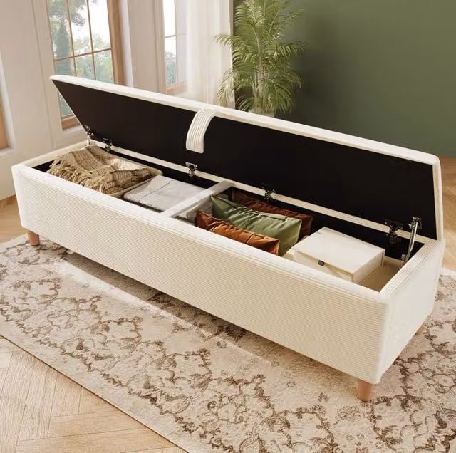 Panca contenitore da letto 165x38x46 cm con apertura idraulica in velluto a coste beige
