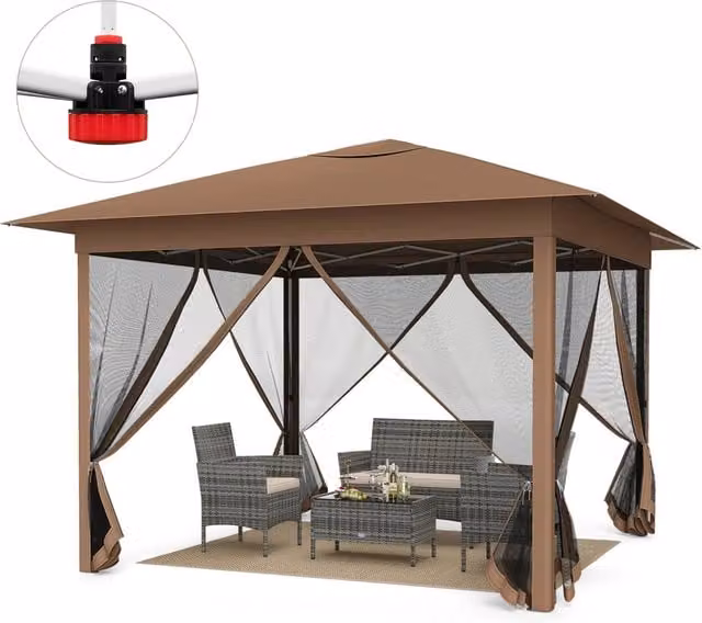 Gazebo pieghevole 3 x 3 m con telo in oxford e 4 lati in rete, Gazebo da giardino perfetto per campeggio e feste all¡¯aperto Marrone