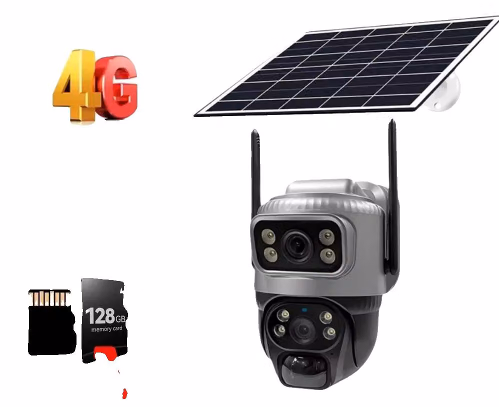 Telecamera di sicurezza, doppia lente, zoom digitale 10x, telecamera solare 4G con supporto per scheda di memoria da 128G