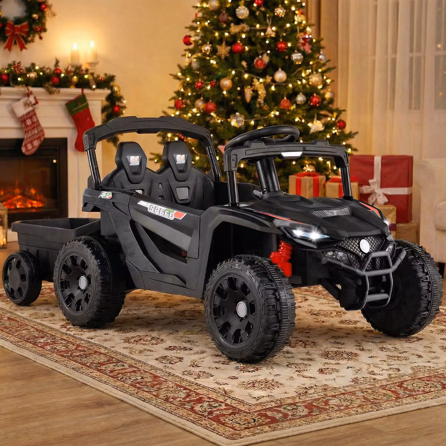 Costway Macchina Elettrica UTV per Bambini con Rimorchio Staccabile, Trattore 12V con Telecomando e Luci e Suoni, Nero