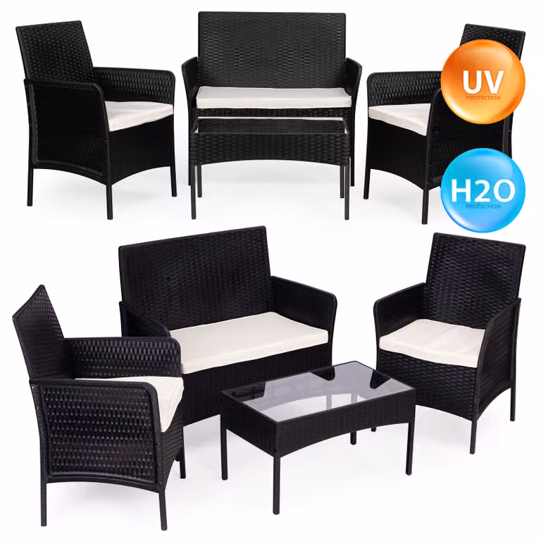 Set di mobili da giardino: tavolo, panca, sedie, colore nero, marca MultiGarden
