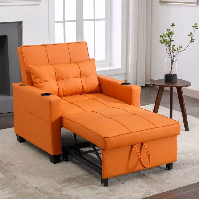 Poltrona letto MIVRAY 3 in 1 reclinabile a tre inclinazioni in similpelle arancione con portabevande e tasca laterale