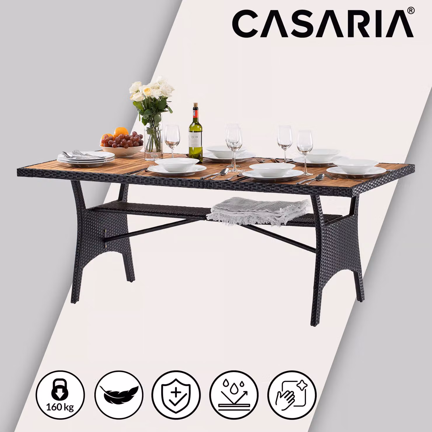 Tavolo da giardino estensibile CASARIA Takeo in legno di acacia oliato e polyrattan nero L: 190 cm, P: 90 cm, H: 74 cm – 3
