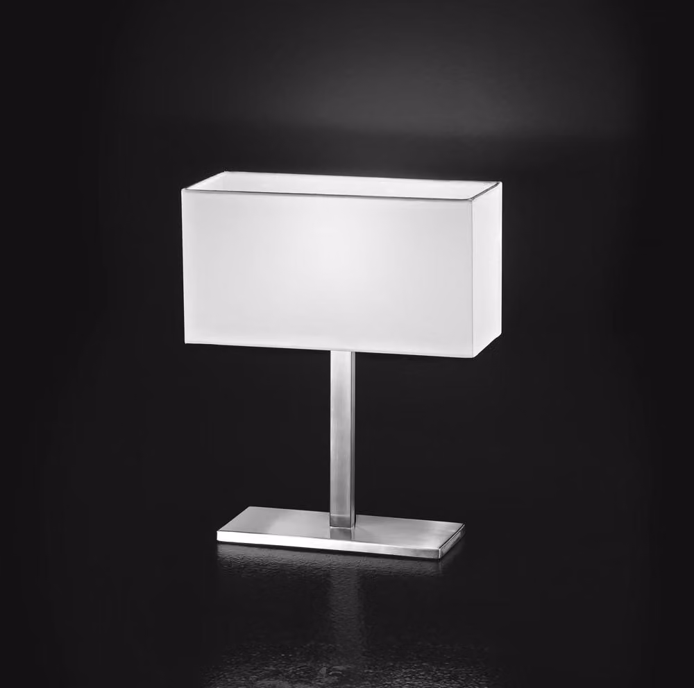 Lumetto da Tavolo in Metallo Cromo Spazzolato con Paralume in Tessuto Bianco, Attacco E14, Design Elegante per Illuminazione Interni - Perenz