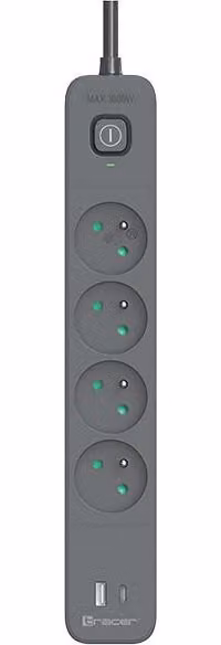 Cavo di prolunga TRACER Power Line+ per scaricatori di corrente mobili da 1,5 m (4 prese + 1x USB A + 1x tipo C, PD20W)