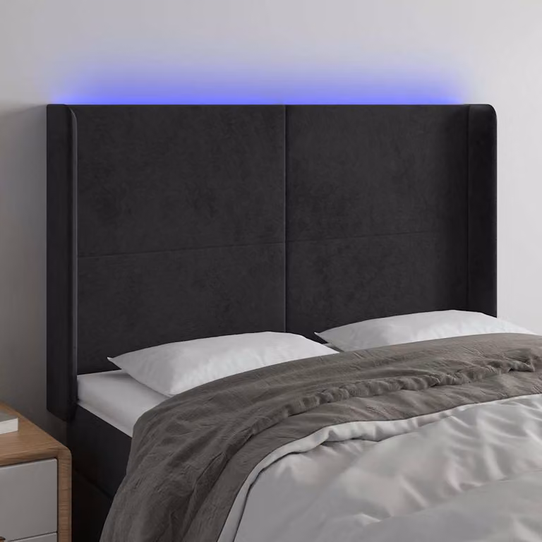 Testiera per letto vidaXL in velluto nero con illuminazione LED e porta di ricarica USB, L: 147 cm, P: 16 cm, H: 118/128 cm