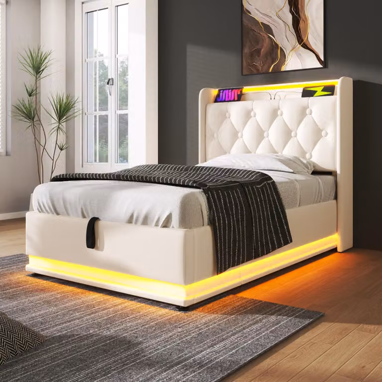 Letto imbottito Flieks 90x200cm con funzione di ricarica (USB&Typ-c), letto giovanile letto singolo letto contenitore con LED, letto a molle idrauliche, PU, bianco