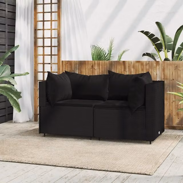 Divano Angolare da Giardino vidaXL con Cuscini in Polyrattan e Telaio in Metallo, Nero – 1