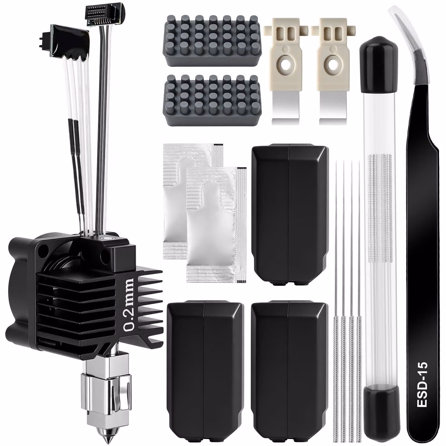 Hotend da 0,2 mm interamente in metallo con ventola per P1S - kit comprensivo di base in silicone, tagliafili, spazzola e aghi