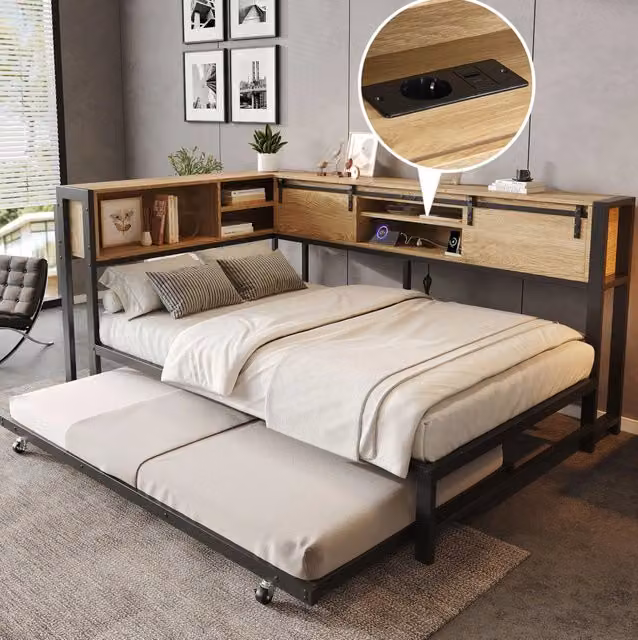Letto in metallo 120x200 cm con letto estraibile 90x190 cm, contenitore in legno effetto naturale, ante scorrevoli, nero e naturale