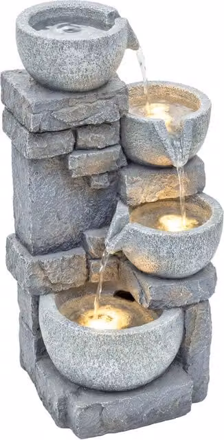 Fontana da giardino a cascata Minimal con illuminazione LED e pompa, Grigia, H 54.5 x L 25.0 x P 25.0 cm