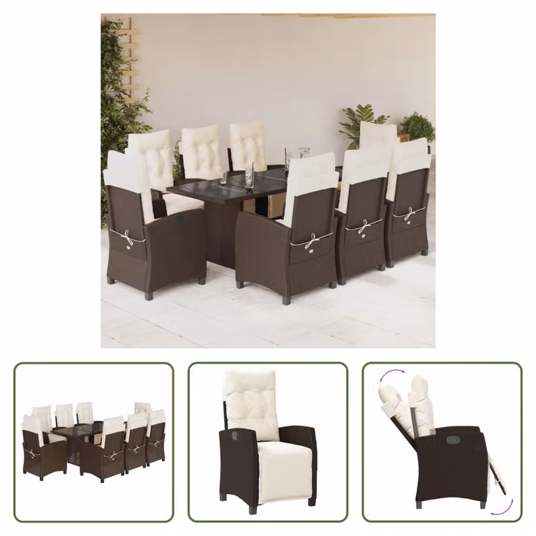 The Living Store Set da pranzo da giardino 9 pezzi con cuscini in polirattan marrone