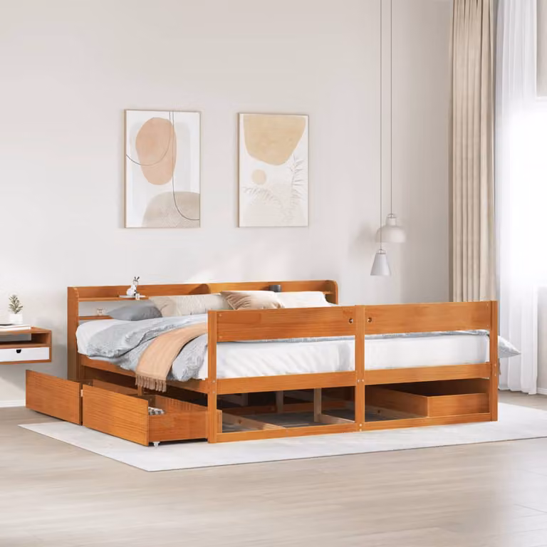 vidaXL Letto in Legno di Pino Rustico Marrone Cera con Cassetti L: 180 cm, P: 200 cm, H: 82 cm