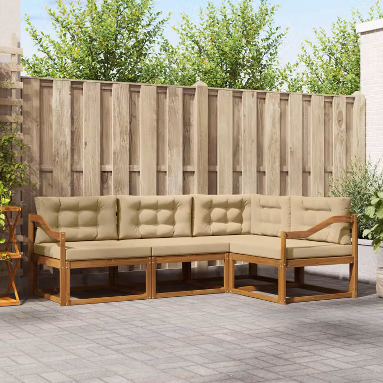 Set di divani da esterno vidaXL a forma di L in legno di acacia con cuscini, 4 pezzi, Beige e Marrone