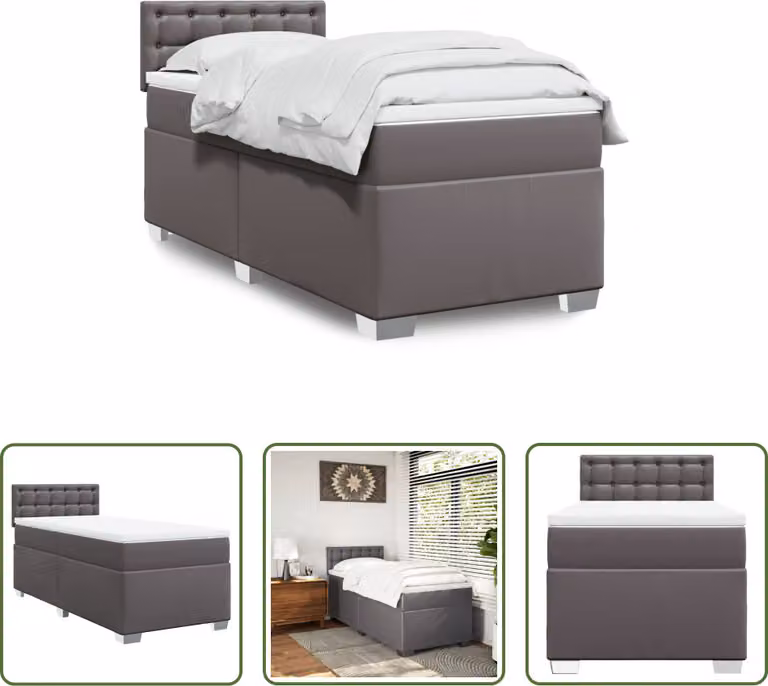 The Living Store Letto a molle con materasso grigio 90x190 cm in Pelle finta