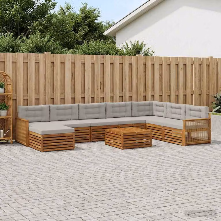 Set di divani da esterno vidaXL a forma di L in legno di acacia con 9 pezzi, colore marrone e grigio