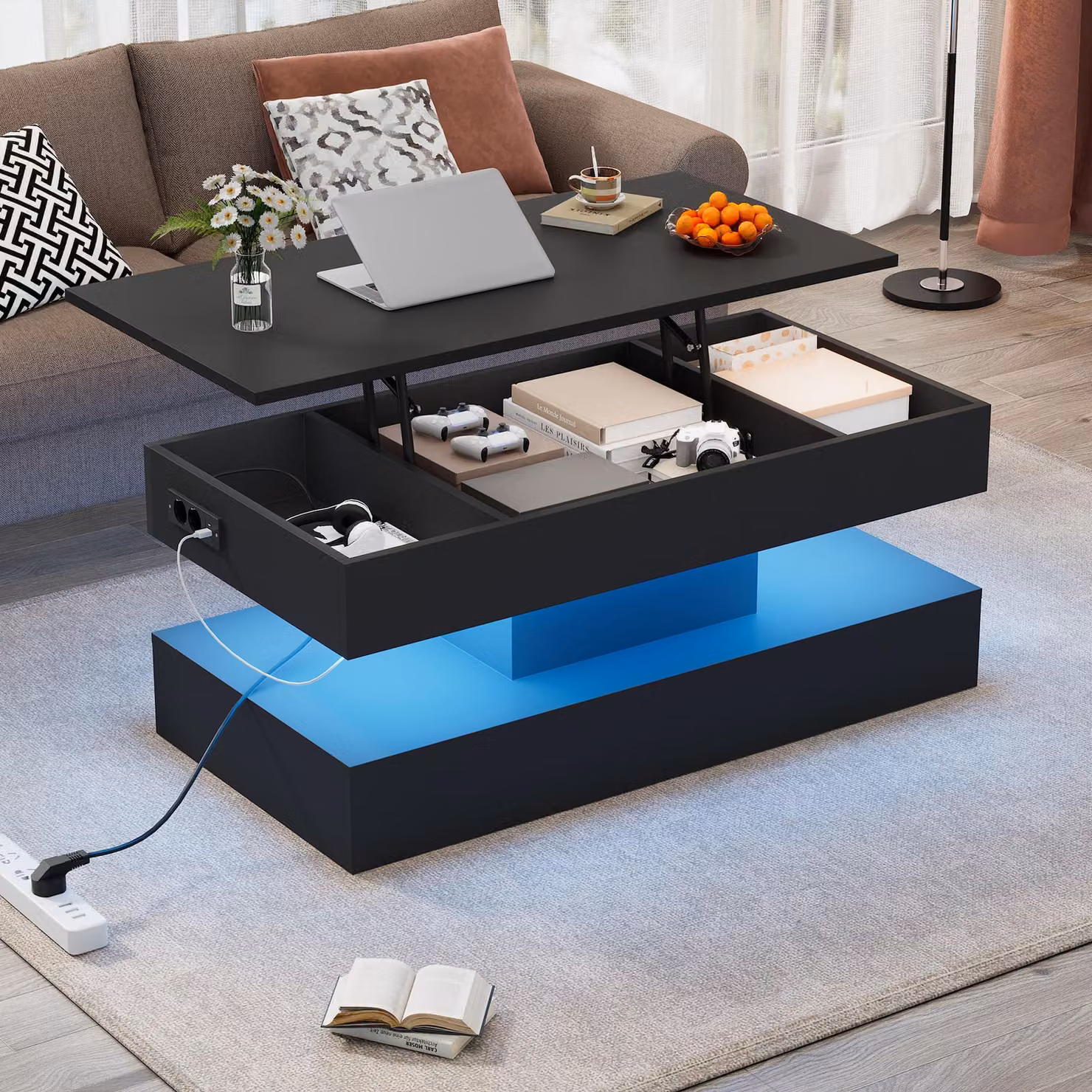 Tavolino, con illuminazione a LED, sistema idraulico, spazio contenitivo, dimensioni 100x50x42 cm