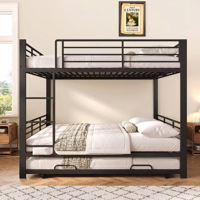 Letto a castello per bambini in metallo nero con terzo letto estraibile, barriera anticaduta e scala, L/P/H: 200 x 140 x 170 cm