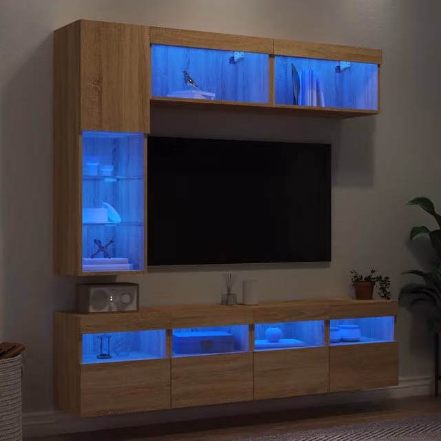 Set Mobili TV a Muro 7 pz-Credenza per TV con Luci LED Rovere Sonoma