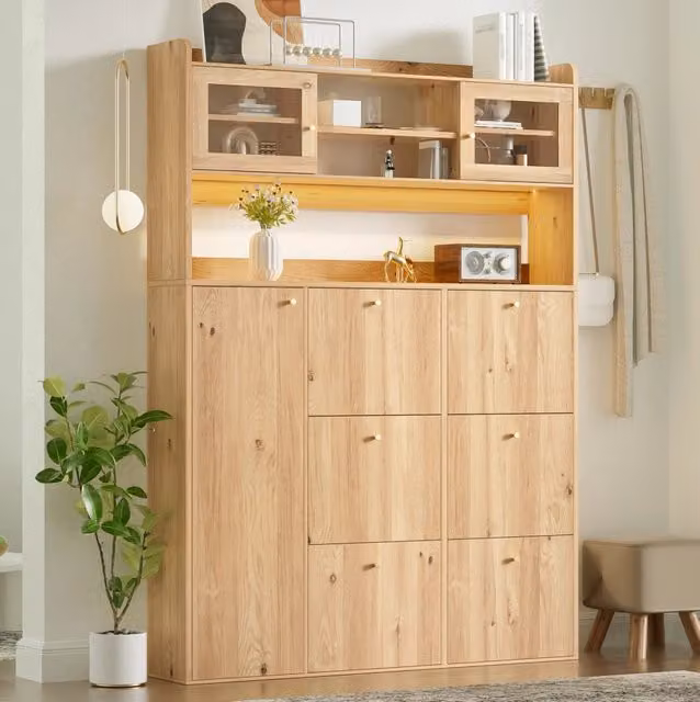 Scarpiera 130x25x180 cm naturale in pannello truciolare, 6 vani ribaltabili LED