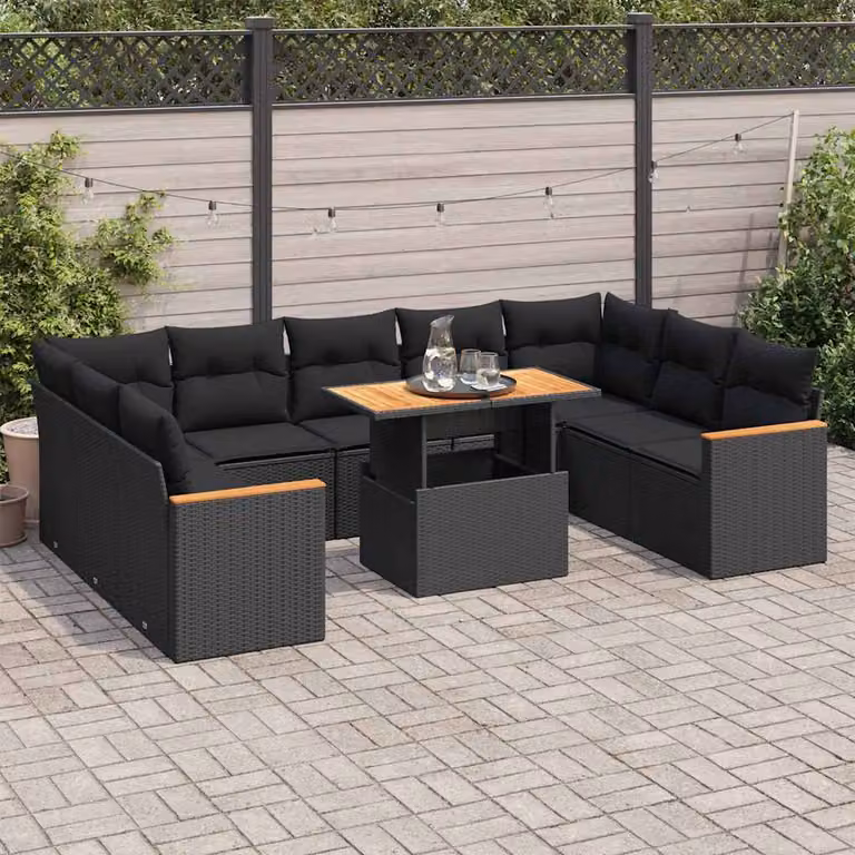 Set da giardino vidaXL composto da 10 pezzi con cuscini, design moderno a forma di U in polyrattan e legno di acacia, colore nero