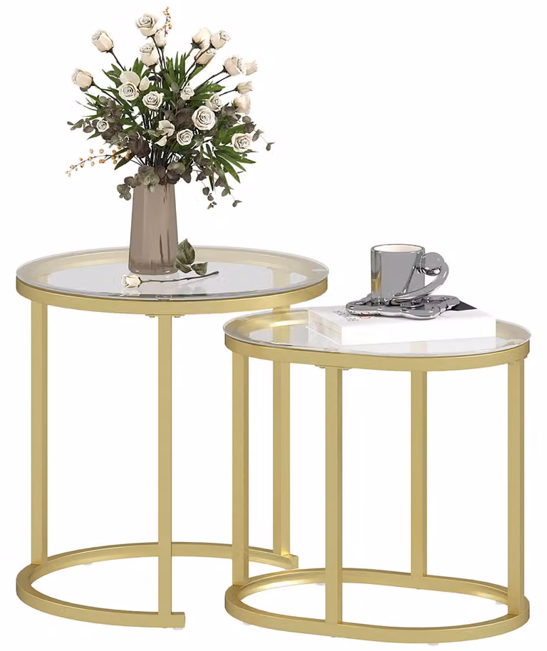 Set da 2 tavolini da caffè, forma rotonda e ovale | Colore: oro, trasparente | Dimensioni: 50x50x50,5 cm e 60x36x43,5 cm