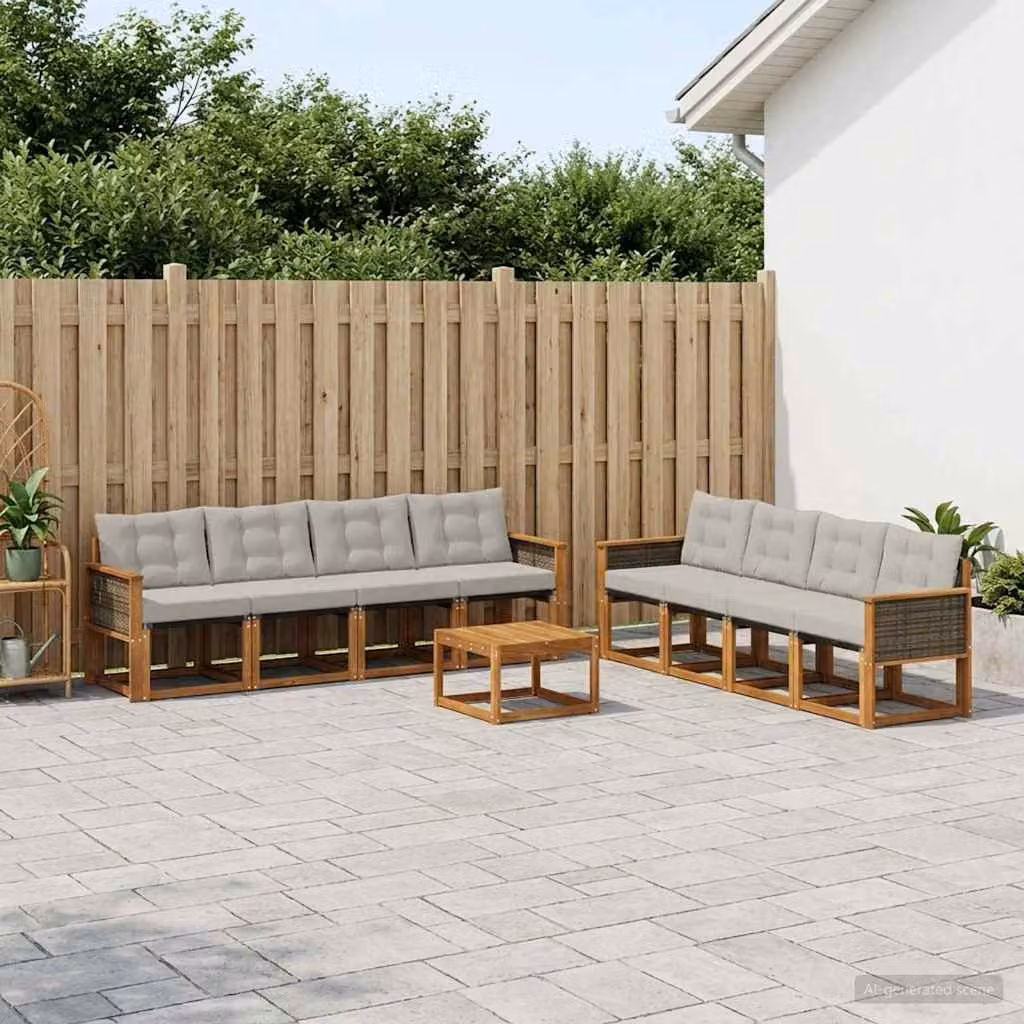 Set di divani da esterno vidaXL 9 pz in legno di acacia e textilene, colore naturale e grigio chiaro