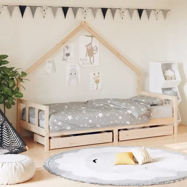 Giroletto per bambini vidaXL in legno massello di pino con cassetti, stile rustico, L/P/H: 205.5 x 95.5 x 90 cm
