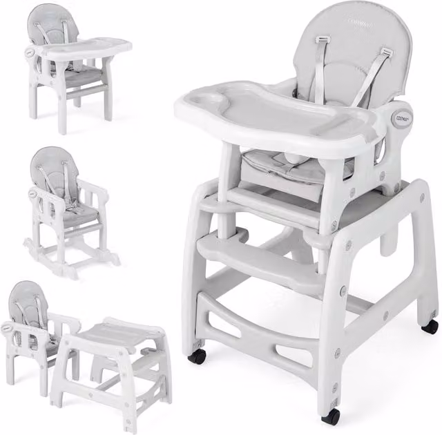 Seggiolone Pappa per Bambini 3 in 1 FDS Gmbh con Vassoio Rimovibile, Cuscino, Schienale Regolabile e Cintura di Sicurezza a 5 Punti, Grigio