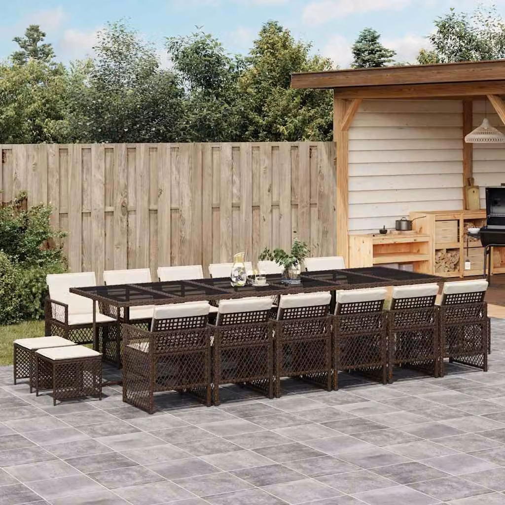 Set da Pranzo da Giardino vidaXL 17 pz in Polyrattan Marrone e Bianco con Cuscini e Tavolo in Vetro – 1
