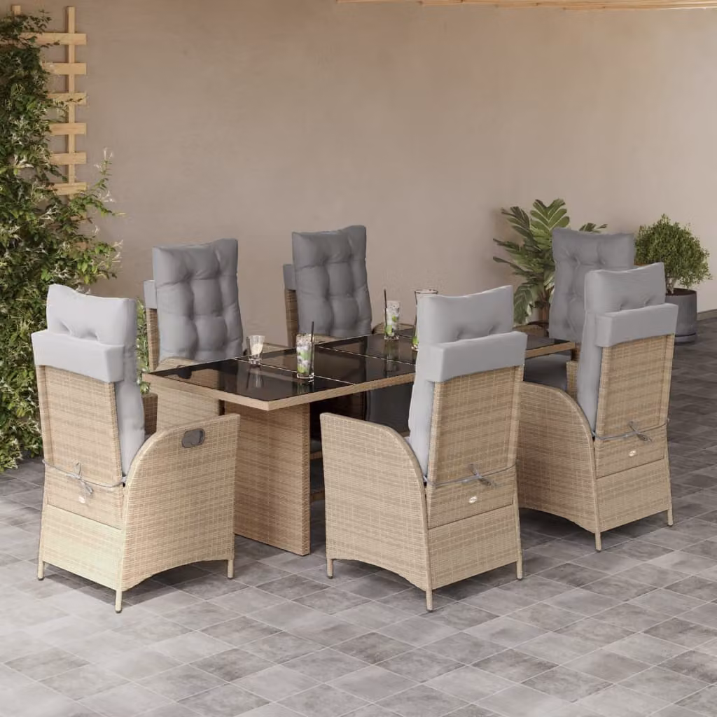Set Pranzo da Giardino vidaXL in Polyrattan con Cuscini Beige e Grigio, 7 Pezzi con Tavolo in Vetro – 1