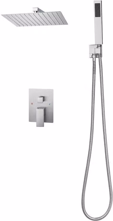 Set di rubinetteria per doccia con soffione quadrato da 10 pollici e doccetta manuale, miscelatore da parete con valvola in ottone e kit di accessori, finitura in nichel spazzolato