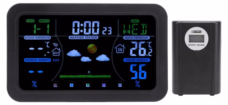 Sveglia meteorologica con proiezione, orologio radio, sensore esterno, portata di 30 metri