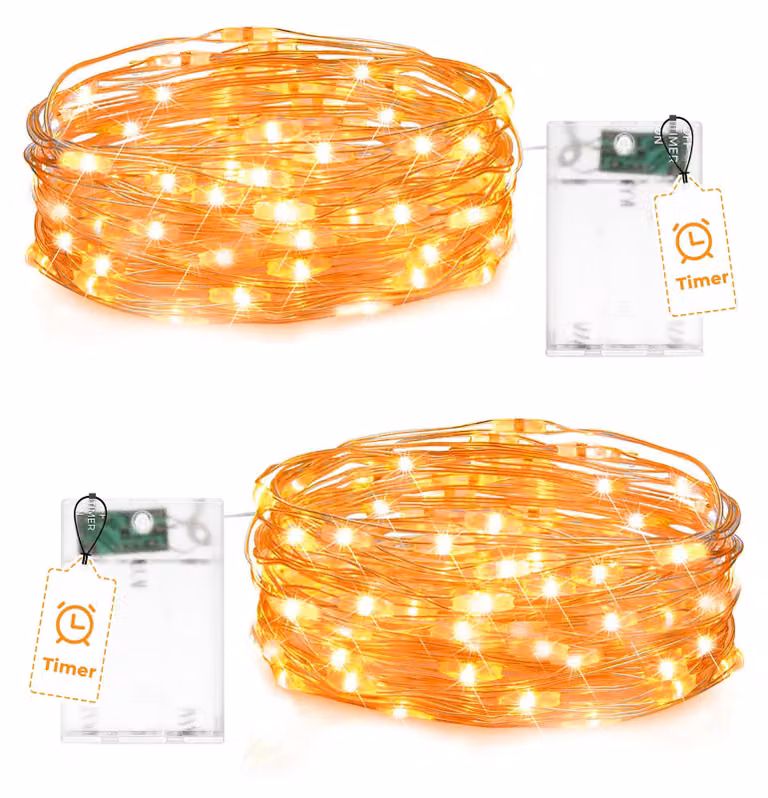 Catena luminosa a LED, 2 metri, 20 micro-LED, con timer, grado di protezione IP65, colore arancione