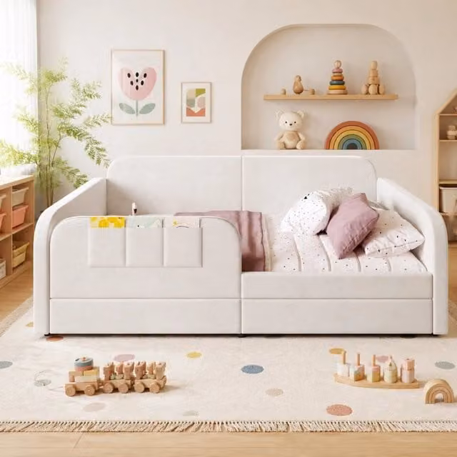 Letto imbottito 90x200 cm in velluto bianco con 2 cassetti e struttura in metallo