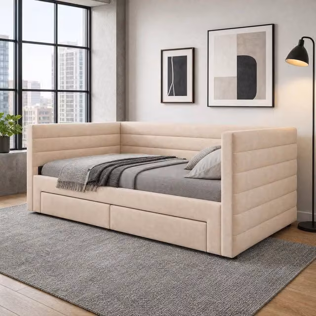 Desviae Letto estraibile imbottito 3 in 1 con cassetti e rete a doghe in cotone e lino beige salvaspazio