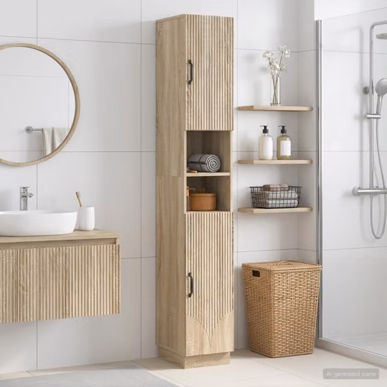 Armadio da bagno moderno vidaXL HOORN con ripiano aperto e ante a battente, Rovere Sonoma, L/P/H: 31 x 23,9 x 187 cm