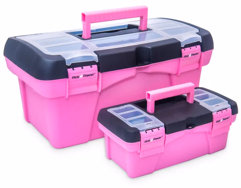 Set di due scatole per attrezzi, in plastica, colore rosa, dimensioni 42 cm e 25 cm