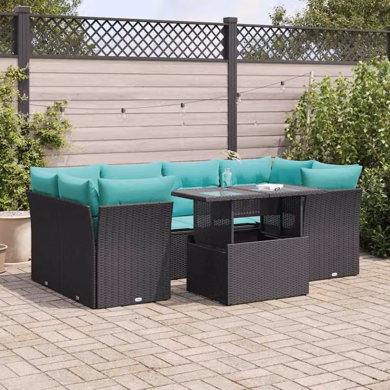 Set Divano da Giardino a L con Polyrattan e Tavolino da Caffè vidaXL, 7 Pezzi con Cuscini Imbottiti e Coperture Rimovibili, Colore Nero e Acacia