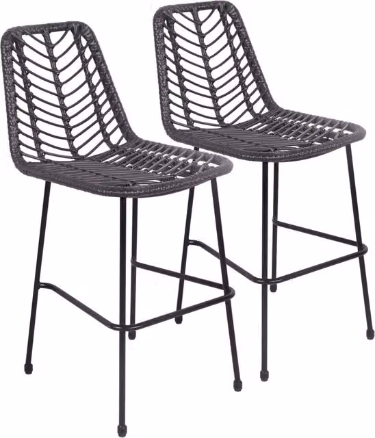 Set di 2 sgabelli da bar moderni OKA in rattan sintetico e metallo nero per giardino e terrazza, H: 98.5 cm, L: 45.5 cm, P: 64.5 cm – 1