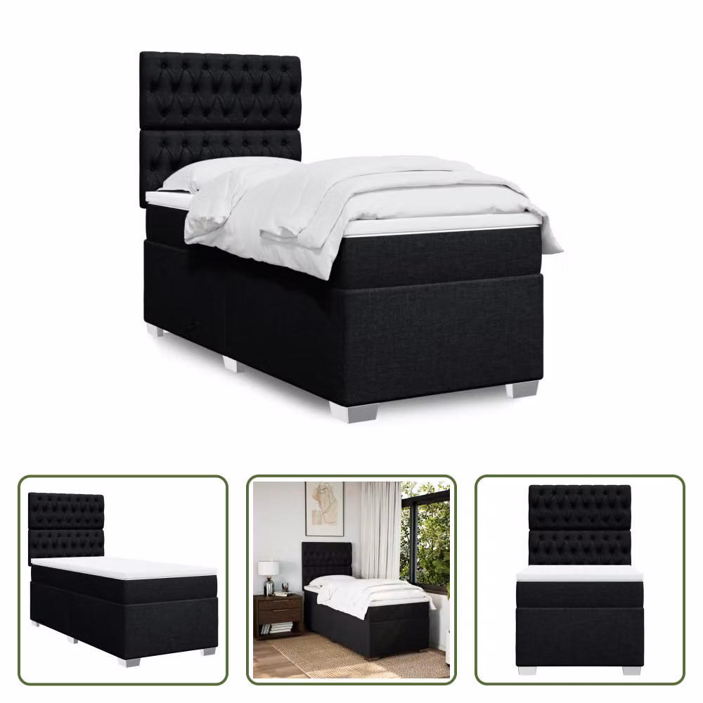 The Living Store Letto a molle con materasso nero 80x200 cm in tessuto