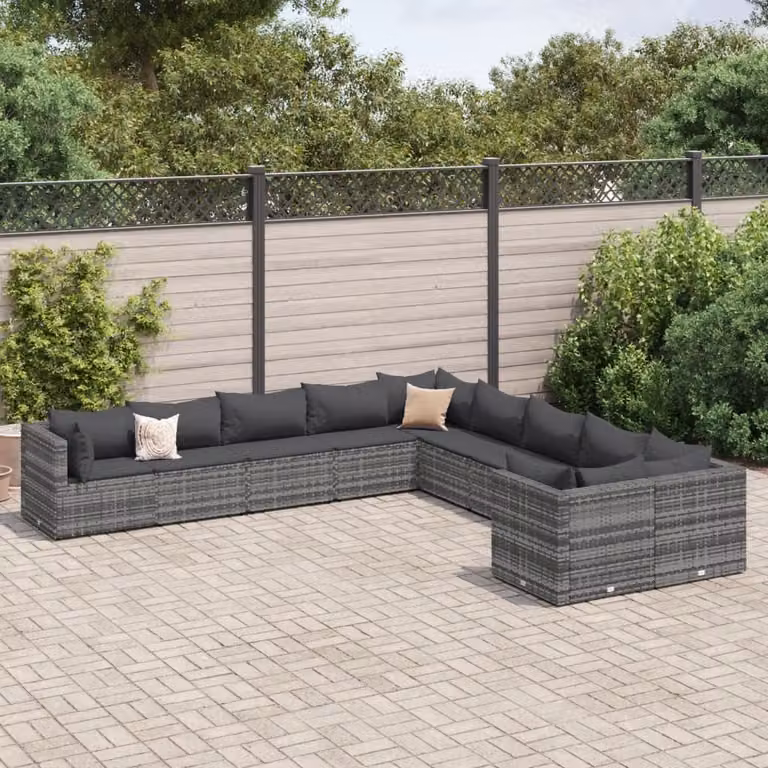 Set Divano da Giardino vidaXL 10 Pezzi a Forma di L con Cuscini Grigio Antracite in Polyrattan e Struttura in Metallo