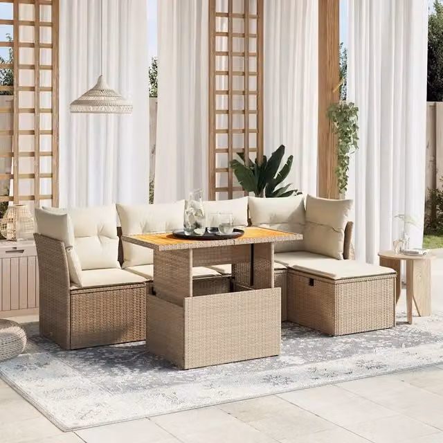 Set Divano da Giardino L-Shape vidaXL in Polyrattan con Cuscini Beige e Tavolino, 6 Pezzi – 1