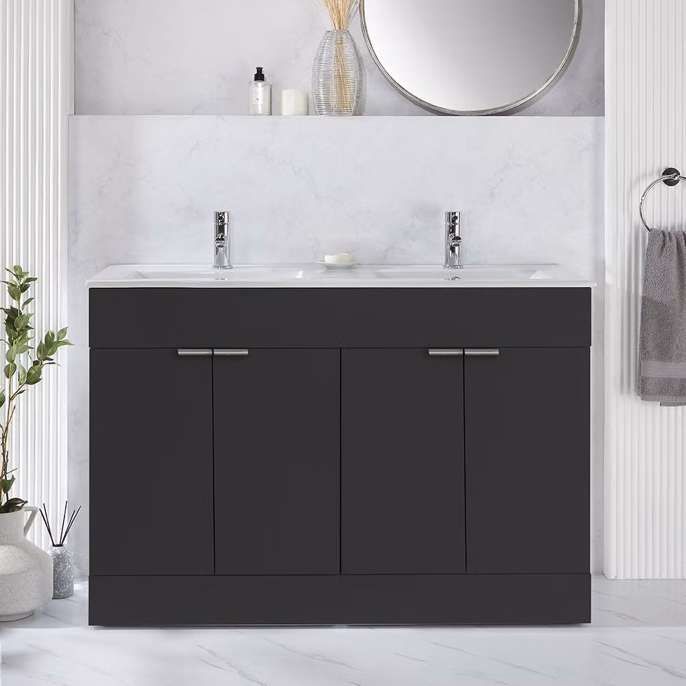 Mobile Bagno a Terra Grigio Nero da 1210mm con Doppio Lavabo e Maniglie con Impugnatura a Dito Cromate - Cluo
