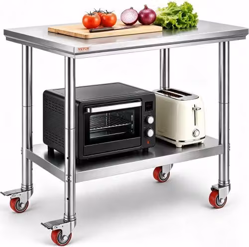 Tavolo da lavoro professionale VEVOR in acciaio inox color argento con ruote, L 90 cm x P 60 cm x H 85 cm